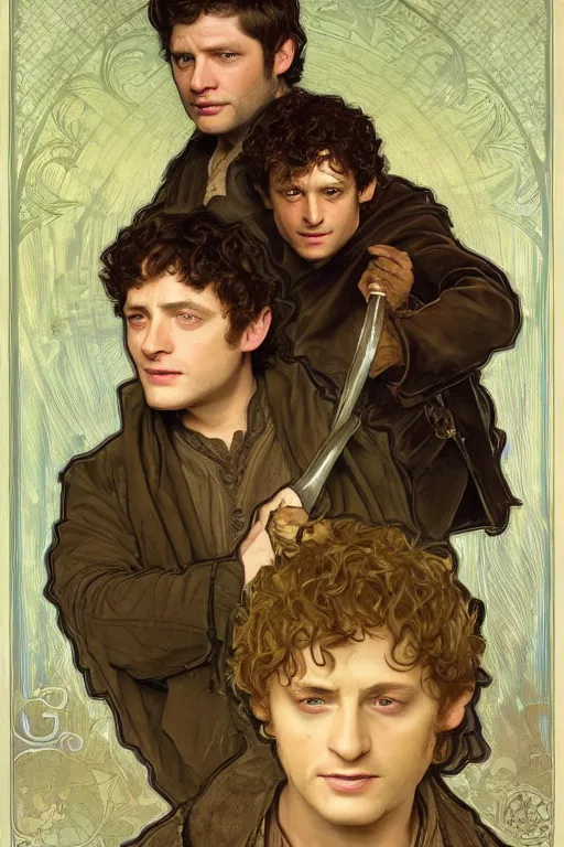 Image similar to a detailed matte portrait of jensen ackles dressed as frodo baggins and misha collins as samwise gamgee, masterpiece, 8 k, art by alphonse mucha and greg rutkowski