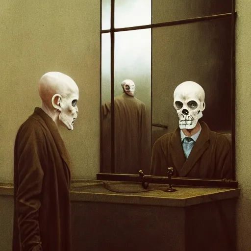 Prompt: a politician looking in the mirror, reflection of the grim reaper, beksinski, dariusz zawadzki, symmetrical, very coherent symmetrical artwork, cinematic, hyper realism, high detail, octane render, 8 k