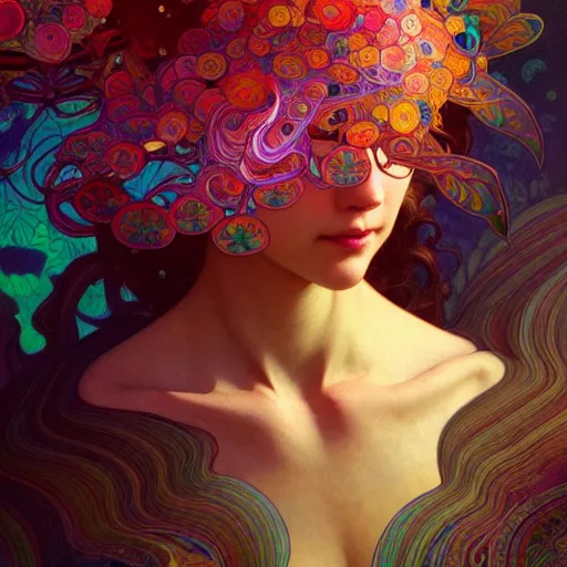 Image similar to A girl having an extremely colorful psychedelic experience, magic mushrooms, psilocybin, face, detailed, intricate, elegant, highly detailed, digital painting, artstation, concept art, smooth, sharp focus, illustration, art by Krenz Cushart and Artem Demura and alphonse mucha