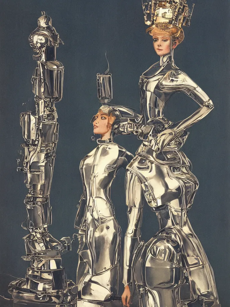 Image similar to a Royal portrait of chrome android woman as illustrated by Nikolai Lutohin. 1971