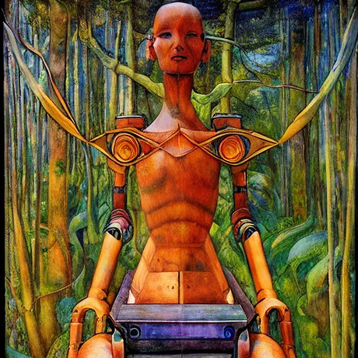 Image similar to the robot on her forest throne, by Annie Swynnerton and Diego Rivera, symbolist, dramatic lighting, elaborate geometric ornament, Art Brut ,god rays, soft cool colors,smooth, sharp focus, extremely detailed, Adolf Wölfli