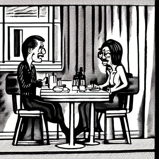 Prompt: caricature by robert crumb, an uneven couple character sitting at a table in diner : : graphic art on a plain background, subdued colors, detailed drawing