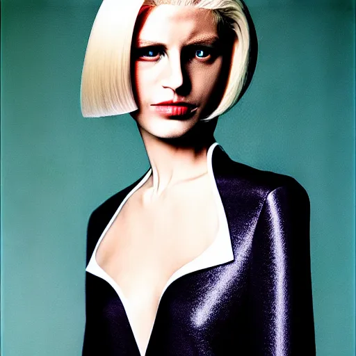 Prompt: photograph by annie leibovitz of robotic blonde female wearing designer clothes