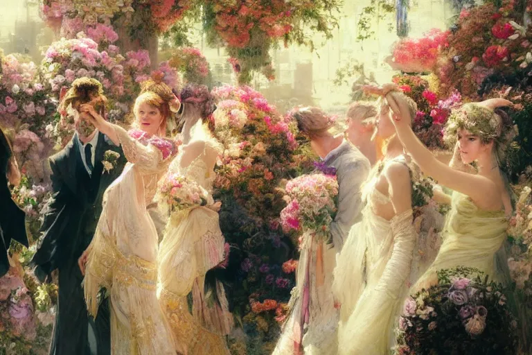 Image similar to the groom look at the bride at a wedding full of flowers, bright and happy, dreamlike art, highly detail, 4 k realistic, wedding photoy krenz cushart, artem demura, yoji shinkawa artgerm, jon lothian, danilo torres. adi meyers. thomas reimann. gaston bussiere.