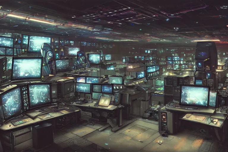 Image similar to a computer room filled with lots of monitors, cyberpunk art by chie yoshii, cgsociety, retrofuturism, greeble, dystopian art, circuitry