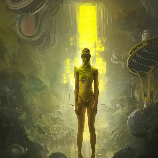 Prompt: a sage meditates under a waterfall pieces with glowing yelow visor as a realistic scifi cyberpunk, torso, art by james jean and greg rutkowski!!, real body proportions, digital art,, golden ratio, perfect composition, trending on artstation, 8 k