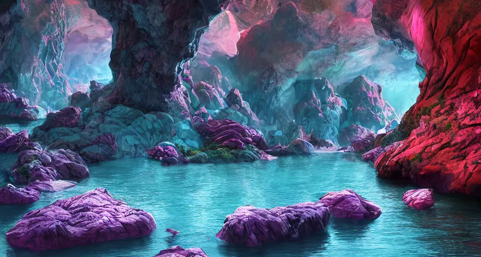 Image similar to a river in a marble cave system with big tea cups floating down it carrying people, vivid colors, matte painting, 8K, concept art, mystical color scheme, trending on artstation