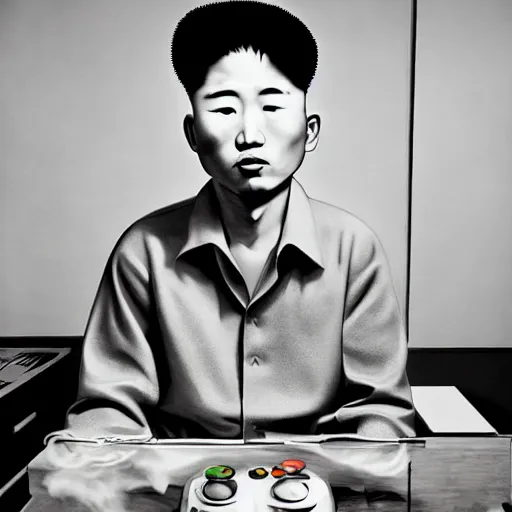 Image similar to hyperralism araki hobuyoshi style photography of hyperrealism detailed north korean kim chen with perfect face playing detailed xbox and smoking weed in basement bedroom