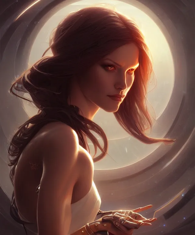 Image similar to futuristic woman portrait, sci-fi, amber eyes, face, long hair, fantasy, intricate, elegant, highly detailed, digital painting, artstation, concept art, smooth, sharp focus, illustration, art by artgerm and greg rutkowski and alphonse mucha