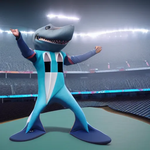 Image similar to Render of a 3D Shark Mascot Costume, with a jersey on, stadium setting, highly detailed, trending on artstation, Unreal Engine 4k