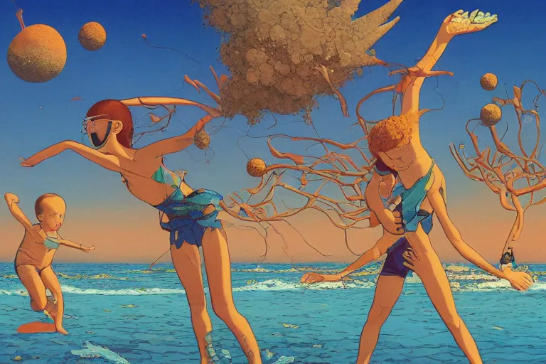 Prompt: most blues, evangelionic illustration, children playing at the beach, atomic explosion, a lot of exotic vegetation, oldschool vintage sci - fi flat surreal design, super - detailed, oil painting by moebius and satoshi kon, hd, 4 k, high quality