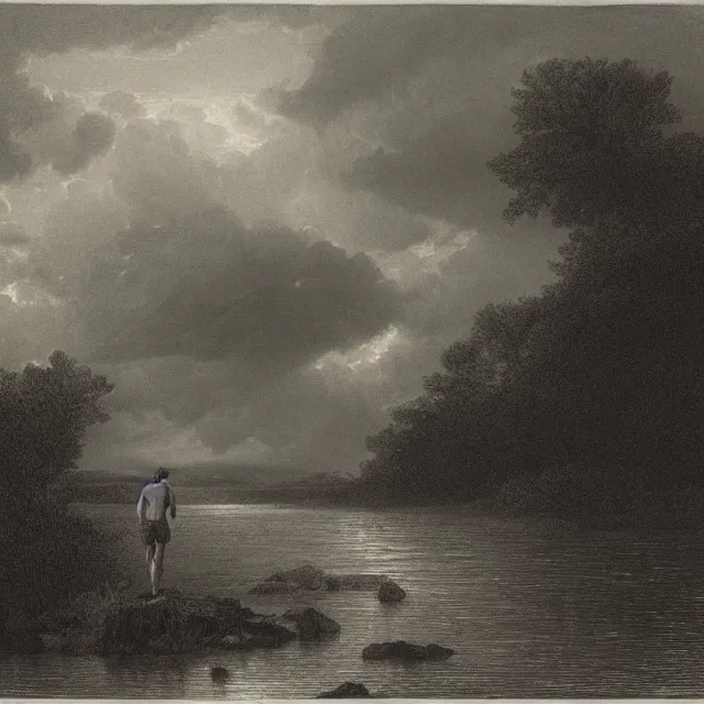 Prompt: an engraving of man in shorts standing in a shallow river by gustave dore, caspar david friedrich, foggy, depth, strong shadows, stormclouds, illuminated focal point, highly detailed