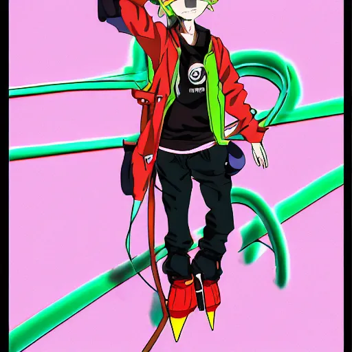 Image similar to anime boy with eccentric clothes, long spiky hair, cel - shading, 2 0 0 1 anime, flcl, jet set radio future, night, night time, entertainment district, japanese city at night, lines of lights, christmas lights, rollerskaters, cel - shaded, jsrf, strong shadows, vivid hues, y 2 k aesthetic