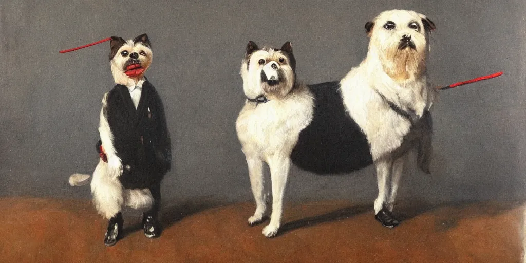 Prompt: Pedro Sánchez as anthropomorphic dog, oil painting