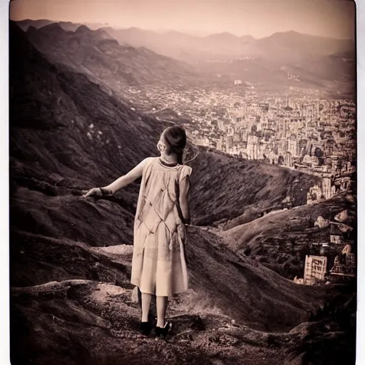 Image similar to dressed beautiful girl looking from the edge of the mountain on the giant city of cats below, highly detailed photo portrait, nostalgic, polaroid, calm