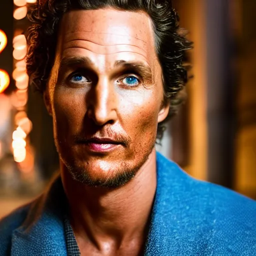 Prompt: a still of Mathew McConaughey. Close up. Shallow depth of field. City at night in background, lights, colors ,studio lighting, mood, 4K. Profession photography