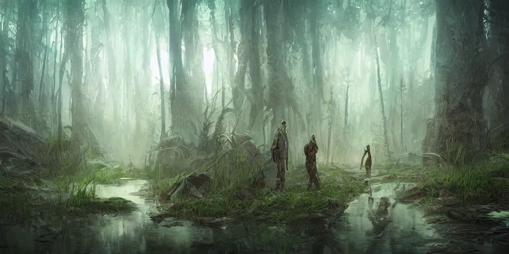 Image similar to reed - people in futuristic spiritual mystical post apocalyptic swampy forest in dagestan drawn by ron gilbert, dim painterly volumetric aquatic lighting, scenic, beautiful, crisp, artstation, highly detailed