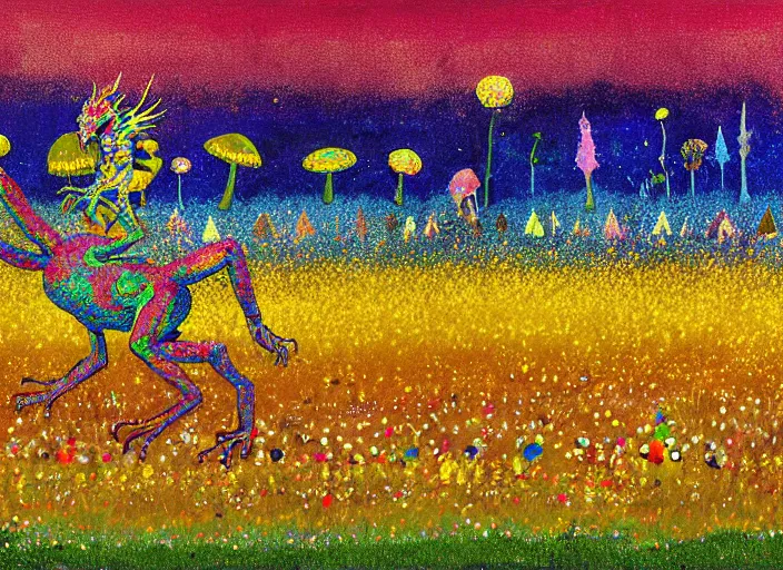 Image similar to pixel decollage painting golden armor alien zombie horseman riding on a crystal bone dragon broken rainbow diamond maggot horse in a blossoming meadow full of colorful mushrooms and golden foil toad blobs in a golden sunset, distant forest horizon, painted by Mark Rothko, Helen Frankenthaler, Danny Fox and Hilma af Klint, pixelated, neo expressionism, semi naive, pastel colors, cinematic, color field painting, cave painting, voxel, pop art look, outsider art, minimalistic. Bill Traylor painting, part by Philip Guston and Francis Bacon. art by Adrian Ghenie, very coherent symmetrical artwork, cinematic, hyper realism, high detail, octane render, unreal engine, Smooth gradients, depth of field, full body character drawing, extremely detailed, 8k, extreme detail, intricate detail, masterpiece