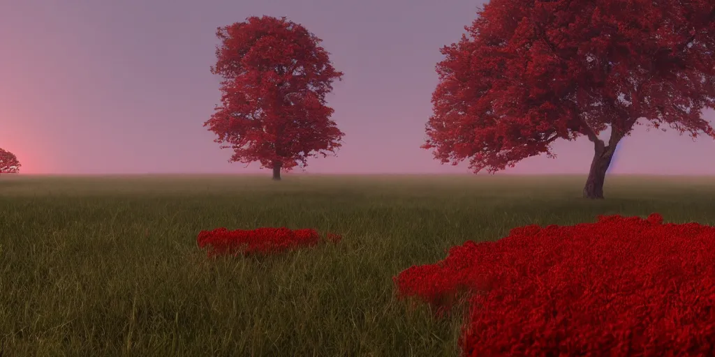 Image similar to a single big red tree in the middle of a battlefield near a bunch of red flowers at sunrise, hyperrealistic, concept art, octane render, unreal engine 5, trending on Artstation, high quality, 8K, dramatic lighting, cinematic, high coherence, highly detailed, Midjourney style, epic scene, path traced, low contrast, complementary colors