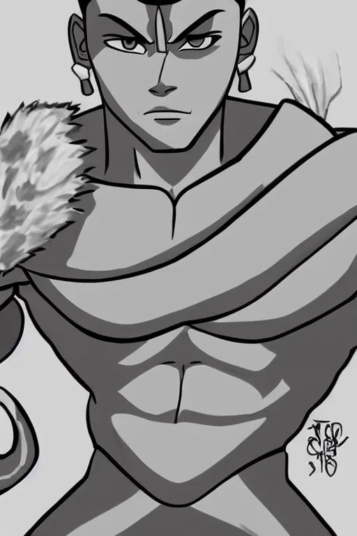 Image similar to Sokka from Avatar The Last Airbender, jacked body builder gigachad, greyscale 🎨🖌️