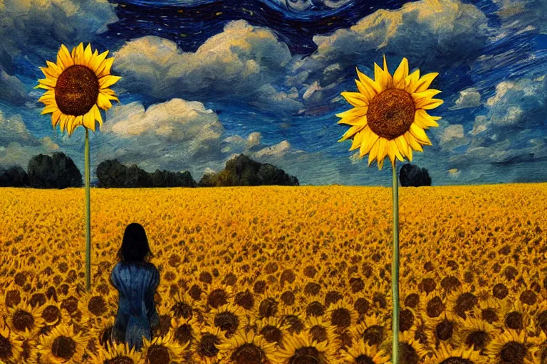 Image similar to giant sunflower as a head, girl walking in wheat field, hills, surreal photography, dark night, star trails, dramatic light, impressionist painting, clouds, digital painting, artstation, simon stalenhag