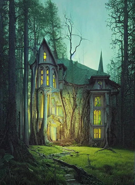 Image similar to hyper realistic witchy modern gothic house with mood lighting and tech in the woods gorgeous lighting, sunbeams blue sky, highly detailed, lush forest foliage painting by zdzisław beksinski and norman rockwell and greg rutkowski weta studio, and lucasfilm