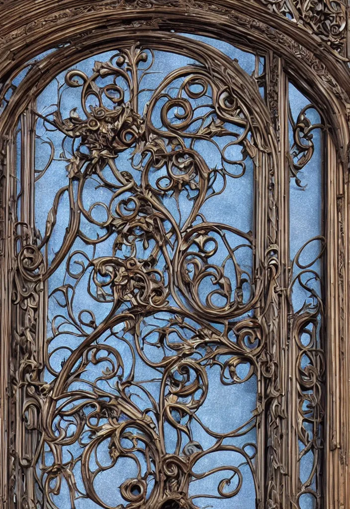 Image similar to photo of a beautiful window, intricate details, art nouveau, iron frame, skyrim