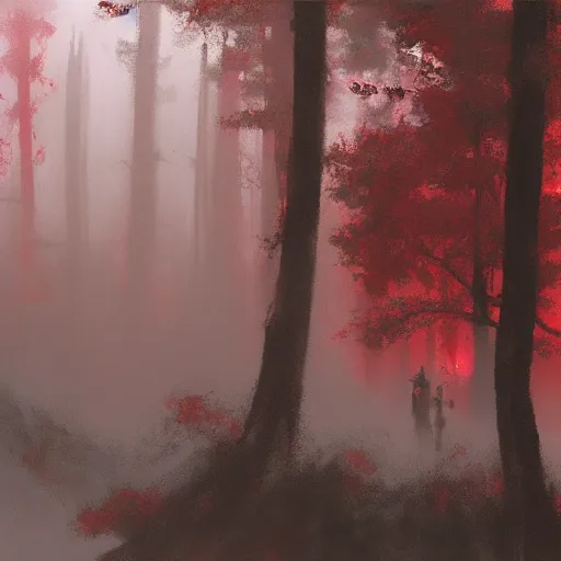 Image similar to a red silhouette of a man flying in a grey forest, eerie, craig mullins