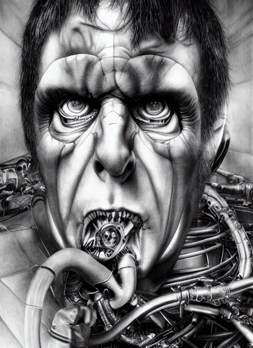 Image similar to Liam Gallagher by Yoshitaka Amano, by HR Giger, biomechanical, 4k, hyper detailed, hyperrealism, anime