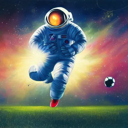 Prompt: a painting of an astronaut playing soccer in a cosmic scenic environment, soccer ball, beautiful, hyperdetailed, action shot, light framing subject, trending on Artstation