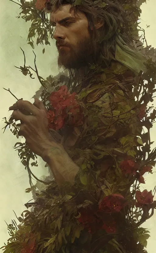 Image similar to god of the forest, 3 0 years old, rugged handsome, male, gorgeous, detailed face, clean lines, cinematic light, amazing, full body, flowers, muscular, intricate, highly detailed, digital painting, artstation, concept art, sharp focus, illustration, art by greg rutkowski and alphonse mucha