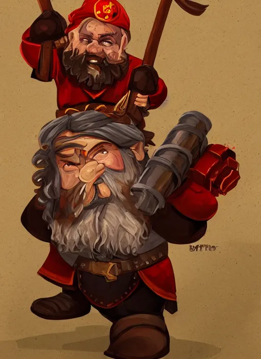 Image similar to communist dwarf with two axes in hands, dungeons and dragons character, fantasy portrayal, digital art, artstation