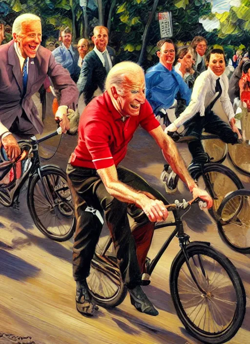 Image similar to joe biden falling off his bicycle, pulp art oil painting by mort kunstler and wilson mclean, intricate, hyper detailed, 4 k, hd, award winning, photorealistic