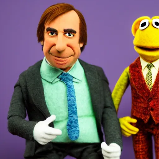 Image similar to saul goodman as a muppet. highly detailed felt. colorful clothes. hyper real photo. 4 k.