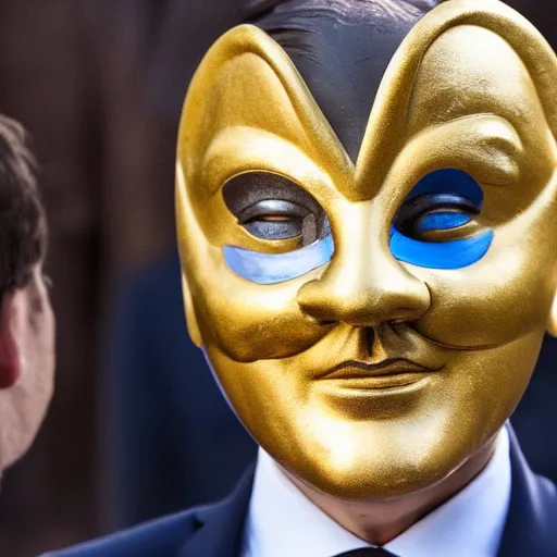 Image similar to Emmanuel Macron in Venice wearing a carnival mask , 150mm photography, high quality, 4K