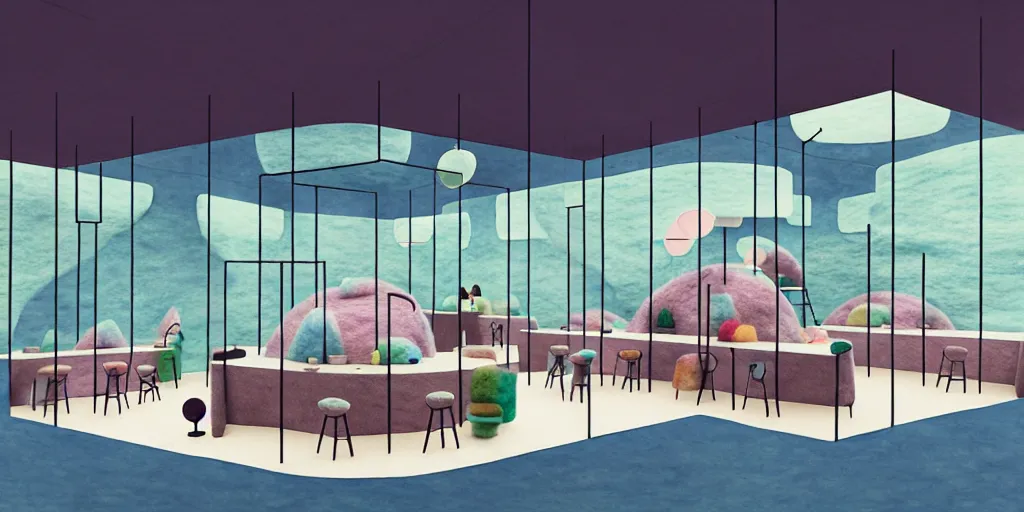 Image similar to an indoor modern cafe, watercolor and wool felting style, design by beeple, isometric style