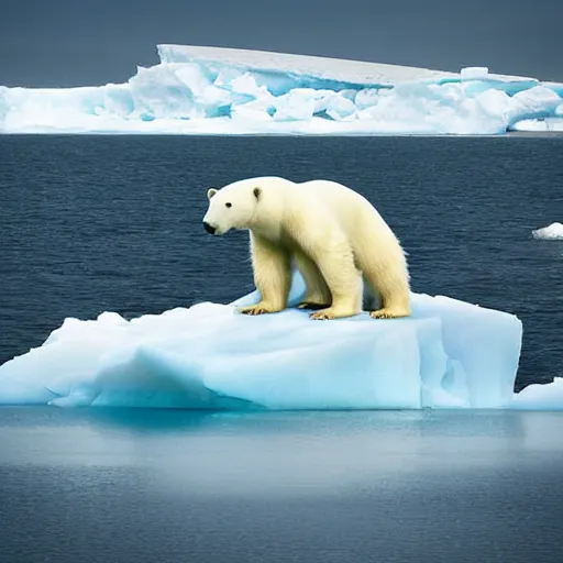 Prompt: a lonely polar bear on an iceberg. stormy seas. photograph in the style of simon stalenhag