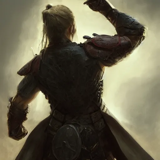 Image similar to rear side portrait of a muscular, ponytail haired blonde man with only left arm armored, wearing a thick brown leather coat, looking to his left, DnD, fantasy, dramatic lighting, digital art by Ruan Jia