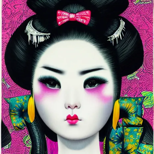 Image similar to Geisha punk girl with a futuristic hairstyle, floral background with black scribbles and wiggles, lowbrow painting by Mark Ryden