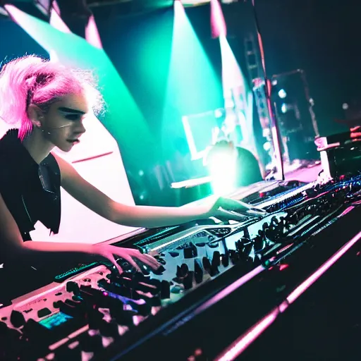 Prompt: A portrait of Grimes on stage DJing, neon lights in the background, volumetric lighting, 35mm photography