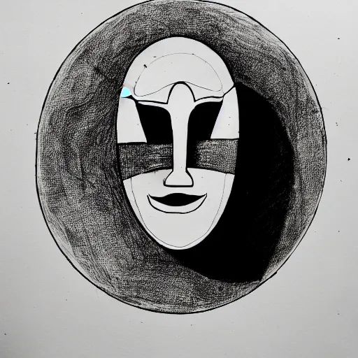 Image similar to an ink drawing of an old dilapidated drama mask, cracked, elaborate detail, shape of a circle, circular shape, white background