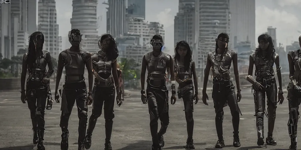 Prompt: sri lankan futuristic cyberpunk gang, film still, epic shot cinematography, rule of thirds, sci - fi tech style