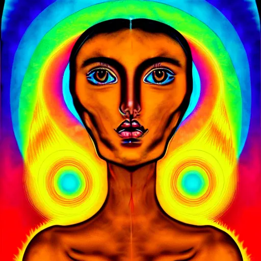 Image similar to tan latina woman, landscape, entering fourth dimension, third eye, prominent rosy cheek bones, black hair and brown eyes, psychedelic da vinci art style,