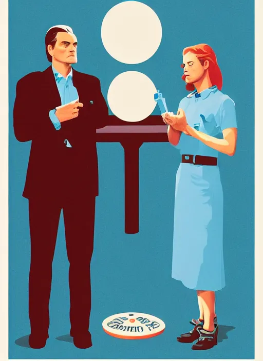 Image similar to Twin Peaks art, of Michael Shannon dressed as mechanic talking to Jennifer Connelly wearing light blue diner waitress dress, poster artwork by Sam Weber, Laurent Durieux, Katherine Lam from scene from Twin Peaks, simple illustration, domestic, nostalgic, from scene from Twin Peaks, clean, New Yorker magazine cover