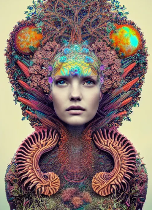 Prompt: ridiculously beautiful young womans face, radiating psychedelics, portals into nature, coral, birds, symmetrical, in the style of ernst haeckel, effervescent, sacred geometry, warm, surrealism, photo realistic, epic and cinematic,