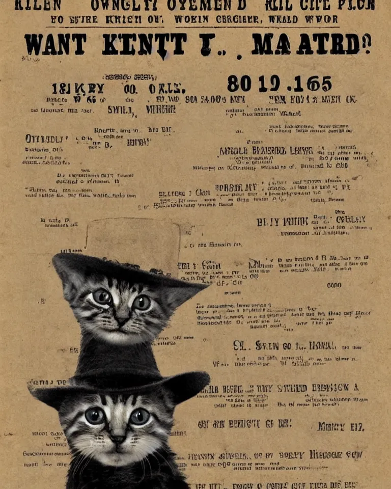 Image similar to 1865 wanted poster Wanted $1000 Reward kitten in cowboy hat Billy the Kit