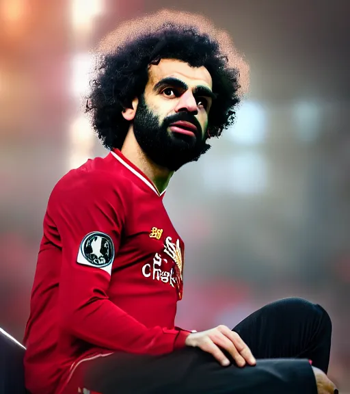 Image similar to A beautiful photo of Mo Salah the king sitting on his throne, award winning photography, sigma 85mm Lens F/1.4, perfect faces, cinematic shot, photorealistic, 8k