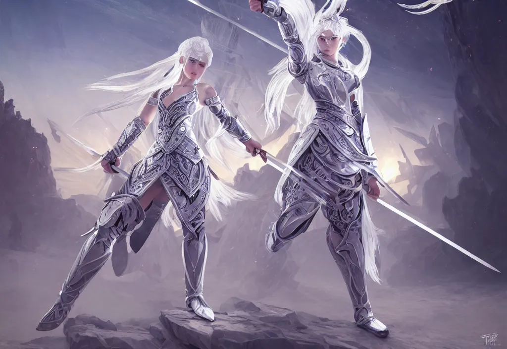 Image similar to white hair knights of zodiac girl matt white ice color armor, dueling, kickboxing, battle stance, wielding sci - fi melee weapons in ruined agora of athens sunrise, intricate and elegant, highly detailed, digital painting, artstation, concept art, smooth and sharp focus, illustration, art by tian zi and wlop and alphonse mucha