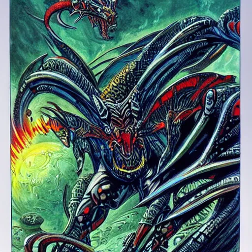 Image similar to an epic demonic alien dragon demigod descending from the cosmos to consume the earth, philippe druillet art