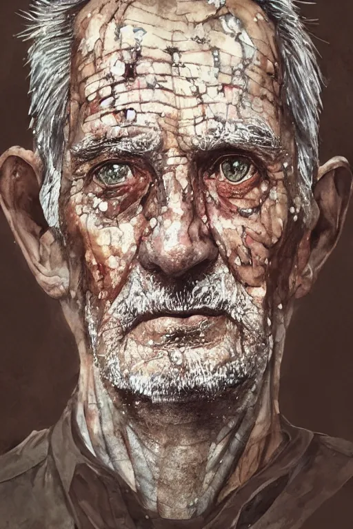 Image similar to portrait of a old man with aquarelle painted skin. close up, very dark brown hair, light eyes, intricate dark flowers pattern background, high detail, by Eddie Mendoza